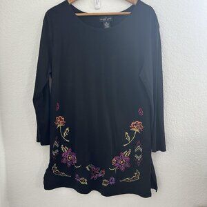 Carole Little Tunic Top Womens M Black Embroidered Floral Boho Hippie‎ Cotton